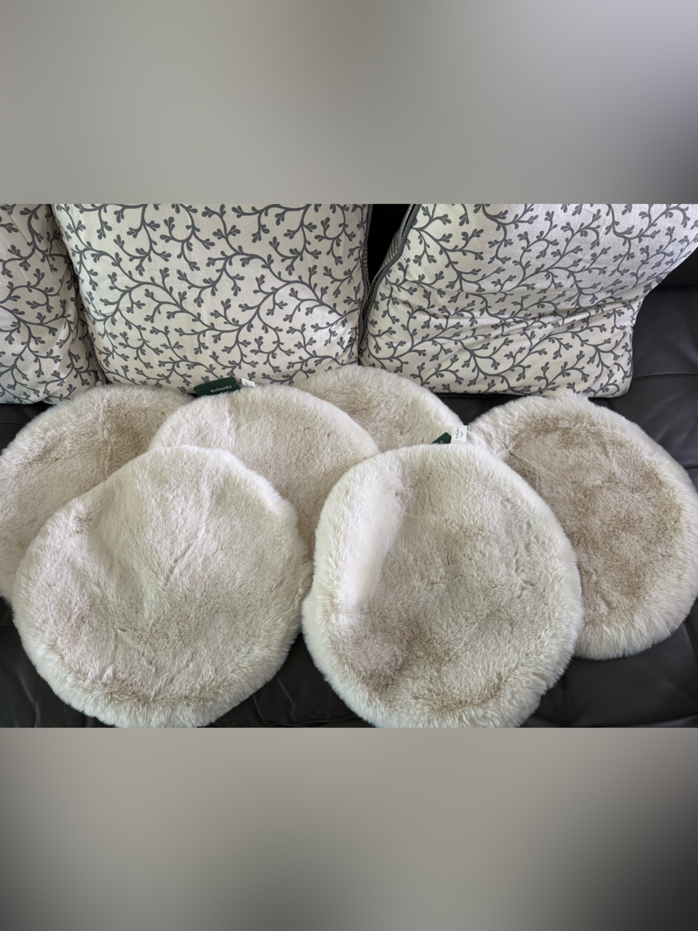 Simons Cream Faux Fur Round Seat Cushions - Set of 6